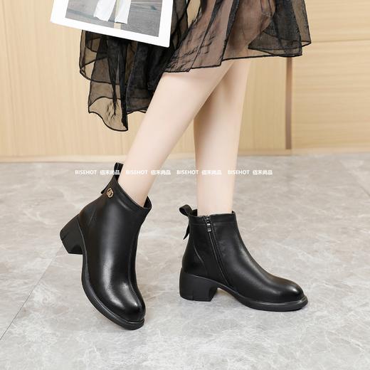 新品女士牛皮一脚蹬粗跟厚底女矮靴803B35575 商品图2