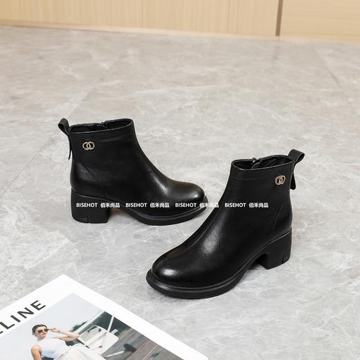 新品女士牛皮一脚蹬粗跟厚底女矮靴803B35575 商品图4