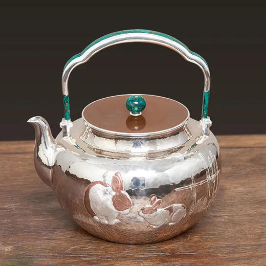 臻宝堂银壶9999纯银烧水壶纯手工浮雕篱园双免茶壶足银茶具大漆提梁 篱园双免壶(重约642g) 容量约1000ml 商品图0