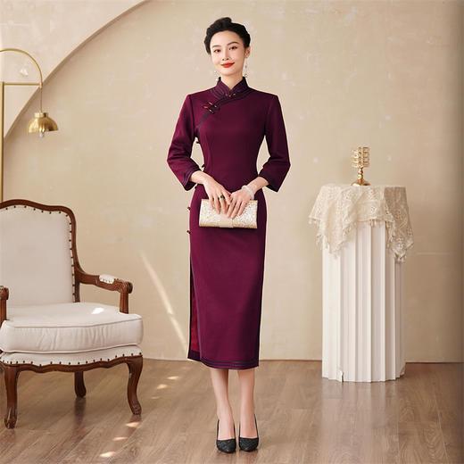 高档羊毛旗袍，七分袖中国风喜婆婆妈妈装连衣裙HQ-224 商品图2