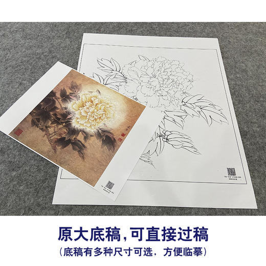 【大彩图】李晓明工笔画白描底稿斗方小品《春花秋韵》牡丹临摹勾线花鸟线稿K039 商品图1