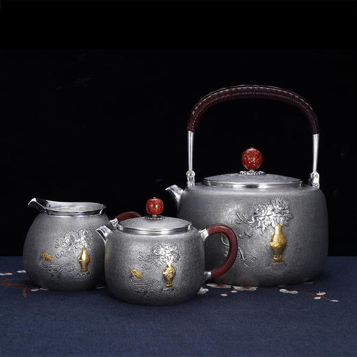 子佩集S999银【如意牡丹】提梁壶小茶壶公道杯摆件茶具套装【ZZ001】【ZZ002】【ZZ003】原创作品2311 商品图1