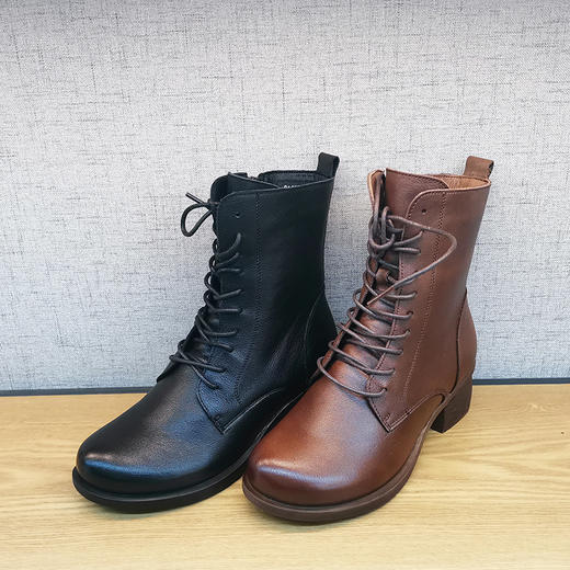 豪行21492602冬季新品时尚休闲真皮加绒棉靴粗跟保暖百搭拉链女靴 商品图4