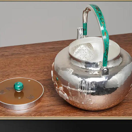 臻宝堂银壶9999纯银烧水壶纯手工浮雕篱园双免茶壶足银茶具大漆提梁 篱园双免壶(重约642g) 容量约1000ml 商品图6