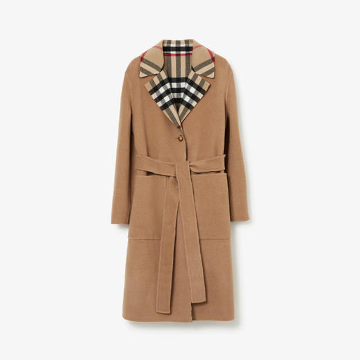 【二】BURBERRY 巴宝莉 女士双面两穿格纹羊毛大衣 驼色 8058171 A8731 商品图0