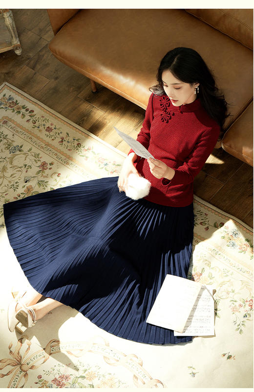 逸红颜明月优选#『虹鸢/祥雲』冬季优雅穿搭秘籍，弹力针织毛呢百褶裙 商品图1