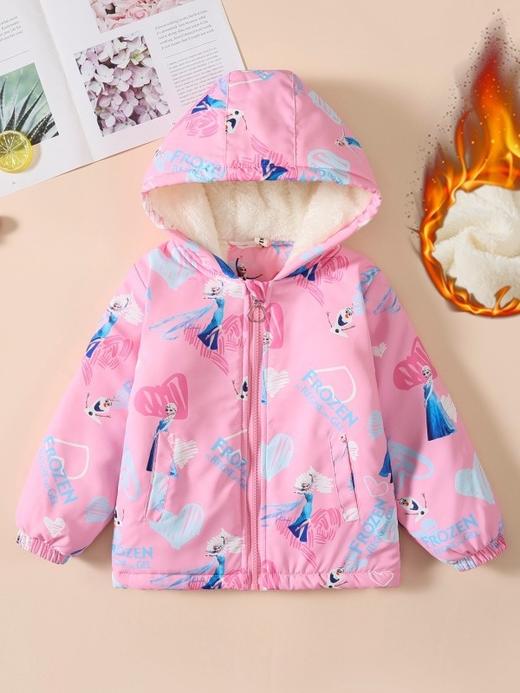 【欧美女童风衣新款，百搭冲锋衣外套】秋冬爱莎夹克加绒装连帽，儿童艾莎短款冲锋衣外套，内部加绒装饰提供额外的保护层，有效阻挡寒冷空气的侵入-QQ 商品图1