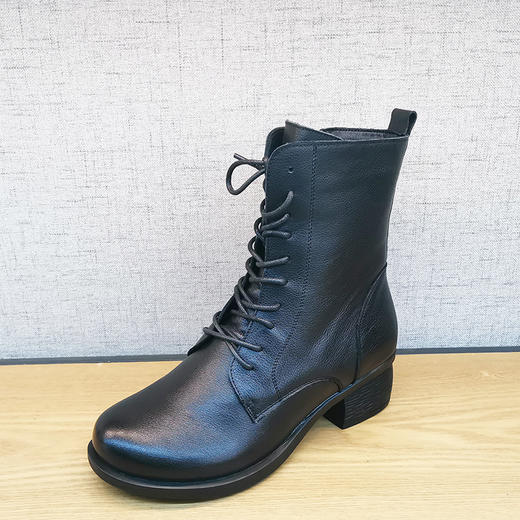 豪行21492602冬季新品时尚休闲真皮加绒棉靴粗跟保暖百搭拉链女靴 商品图3