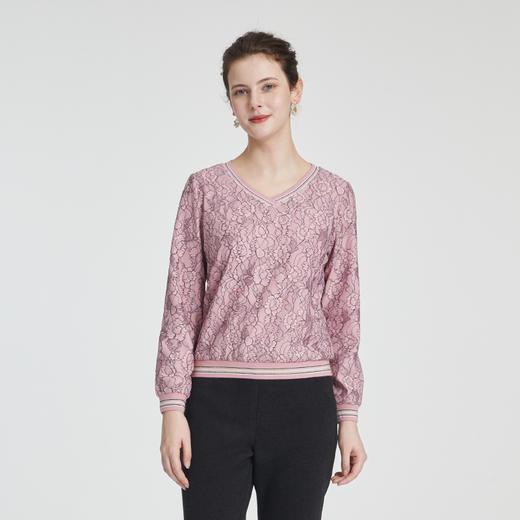 司歌蕾丝上衣V领长袖时尚宽松卫衣T881122 商品图4