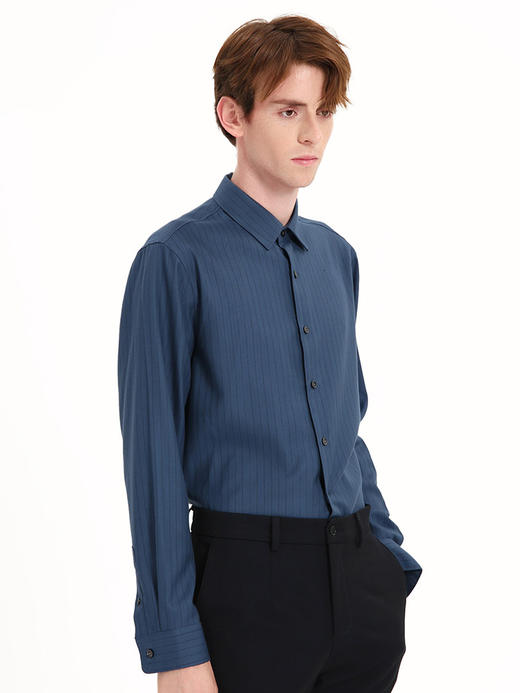 callisto蓝色丝羊毛巴朗斯条纹长袖衬衫 FSSTL220H 商品图1