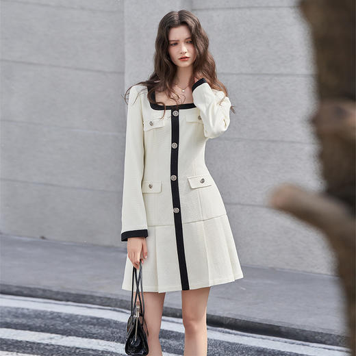 法式小香风米白色连衣裙秋冬新款气质小个子百褶短裙V2138567 商品图2