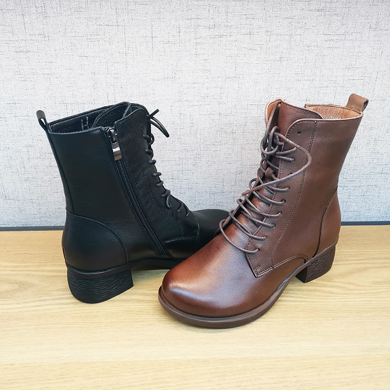 豪行21492602冬季新品时尚休闲真皮加绒棉靴粗跟保暖百搭拉链女靴