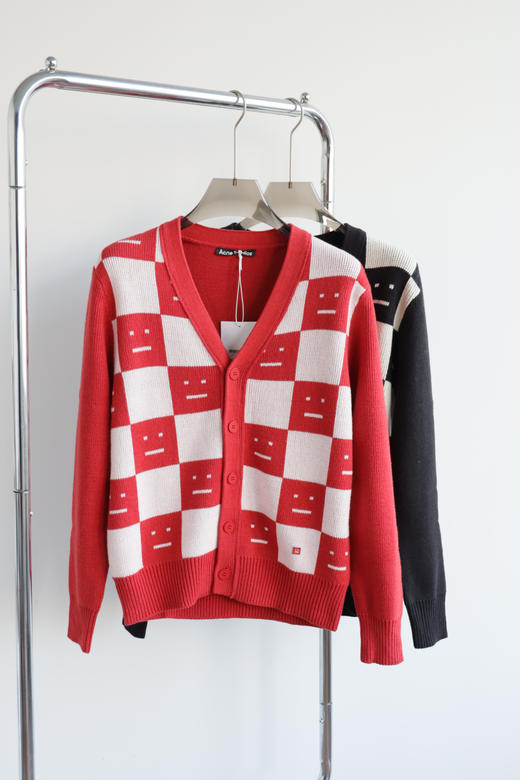 A.S 粗针棋盘格笑脸毛衣开衫 情侣款 MY107 商品图0