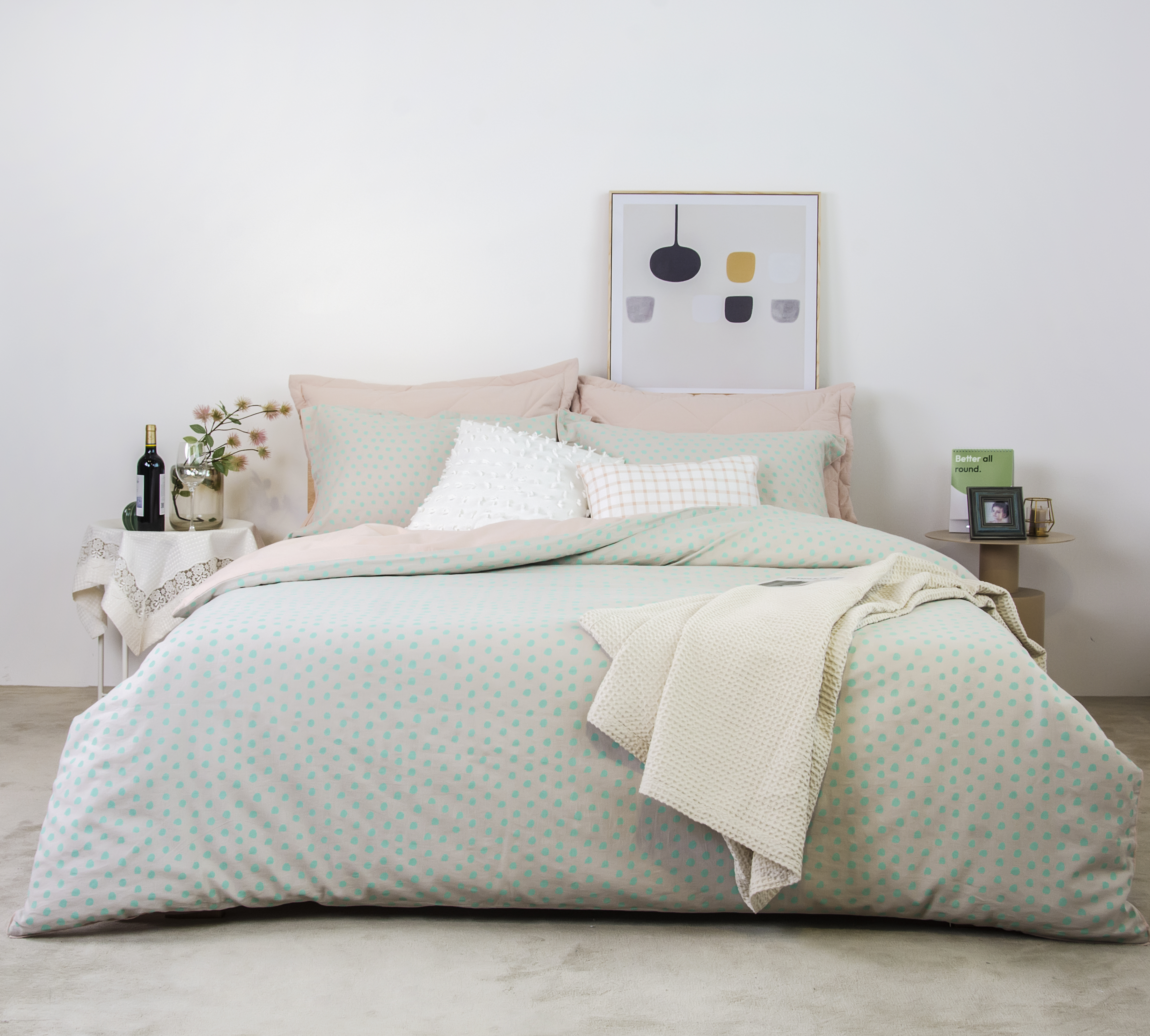 浪漫波普麻棉四件套55%亚麻45%棉素色波点简约双拼色被套床单