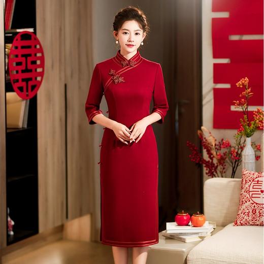 高端羊毛呢旗袍，七分袖喜婆婆喜妈妈婚宴装连衣裙HQ-173 商品图0