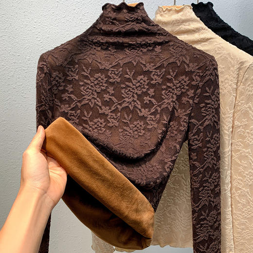 高领加绒打底衫，新款钩花镂空蕾丝衫保暖内搭减龄木耳边上衣XY-DY332231 商品图3