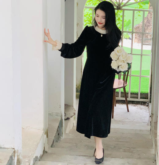 【百图lulu定制】【黑丝绒连衣裙】法式  复古黑色  丝绒连衣裙 礼服裙 商品图2