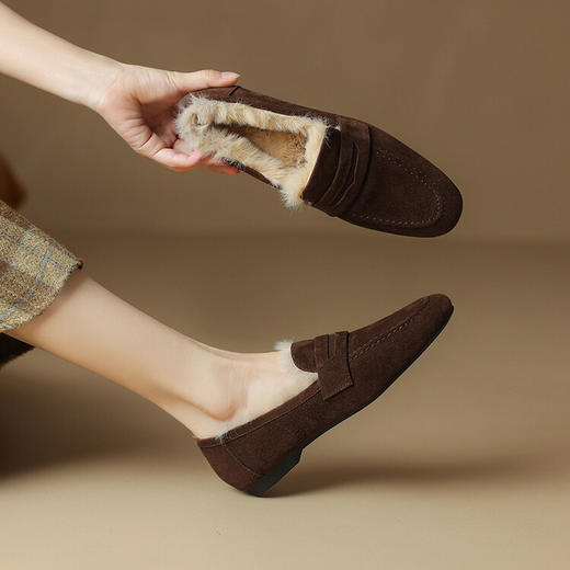 一脚蹬保暖加绒单鞋，磨砂休闲平底小皮鞋复古通勤风软牛皮乐福鞋NJMK-K787 商品图0