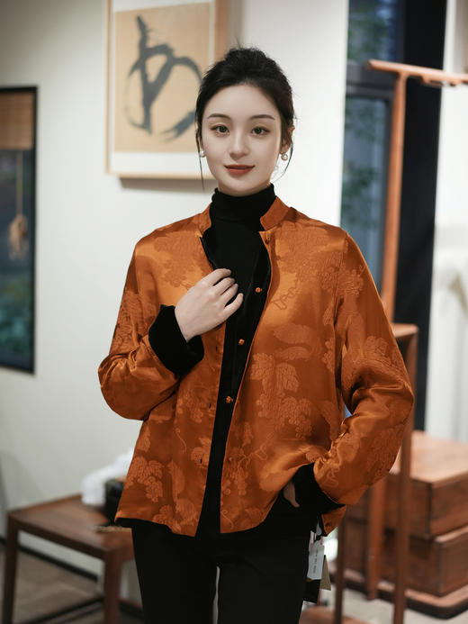 盛唐牡丹 |焦糖色丝绒冠乐绉双面穿外套 商品图0
