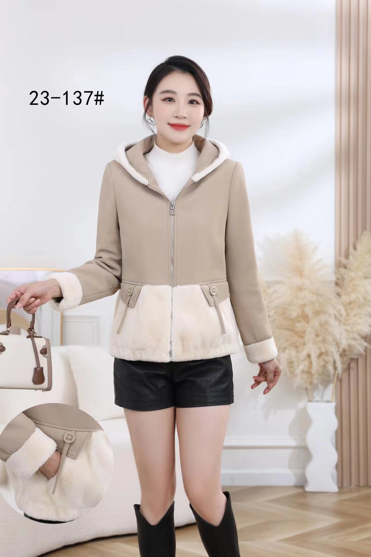 D6120        高端时尚简约百搭短款连帽皮毛一体貂毛外套