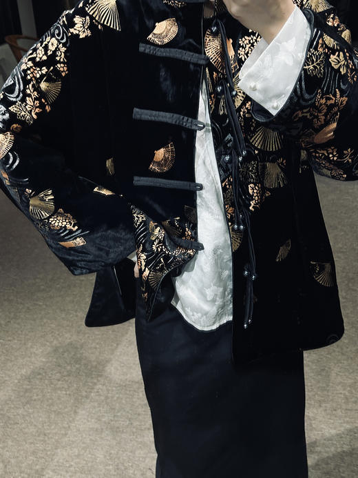 盛唐牡丹 |黑丝绒烫金对襟外套(夹棉） 商品图1