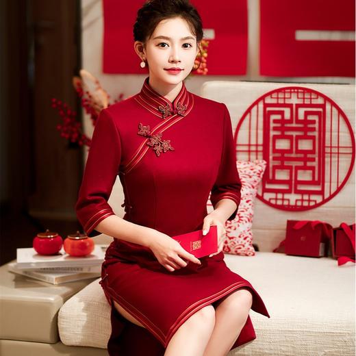 高端羊毛呢旗袍，七分袖喜婆婆喜妈妈婚宴装连衣裙HQ-173 商品图1