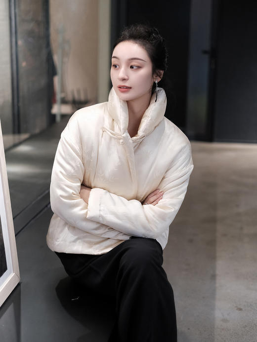 微瑕秒杀| 盛唐牡丹|竹子纹真丝提花立领夹棉外套-香槟色[特价品](特殊商品不退不换) 商品图1