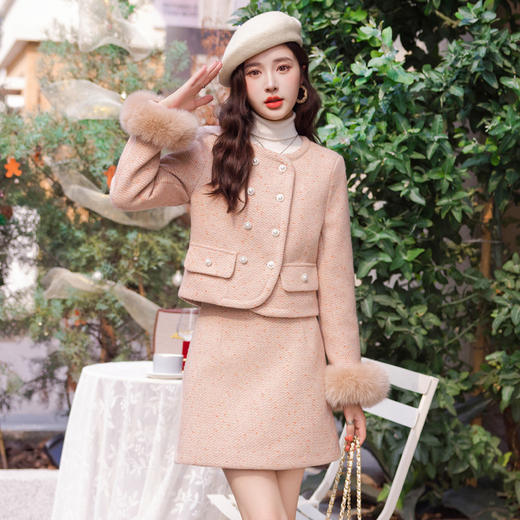 时尚羽绒服格纹真狐狸毛，短裙套装白鸭绒两件套HR-YJ8095 商品图2