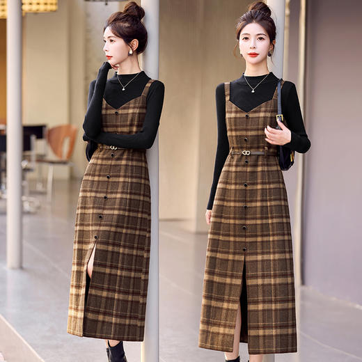 修身显瘦，气质复古格子加厚毛呢两件套连衣裙HR-LNS9662-1 商品图2
