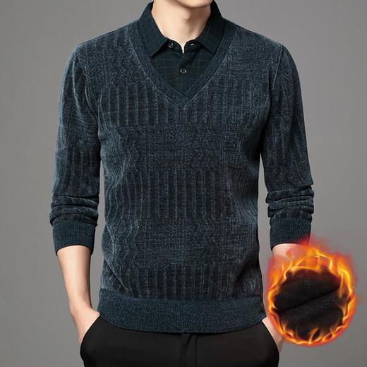 加绒加厚长袖假两件T恤衫男士秋冬季新款宽松保暖打底衫毛衣 商品图1