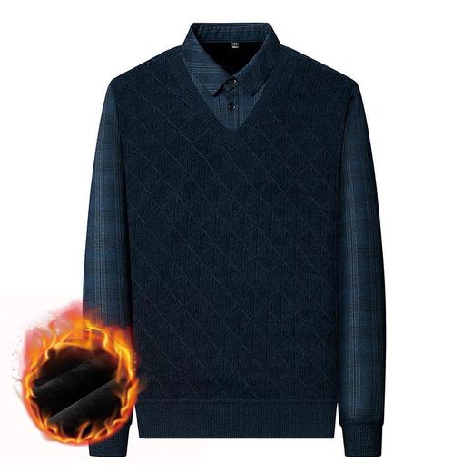 长袖加绒加厚假两件毛衣男士秋冬季新款衣提花打底衫 商品图4