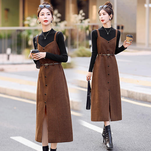 修身显瘦，气质复古格子加厚毛呢两件套连衣裙HR-LNS9662-1 商品图4