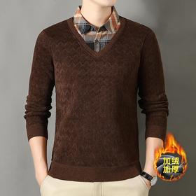 提花加绒加厚假两件长袖打底衫男士秋冬季新款毛衣男