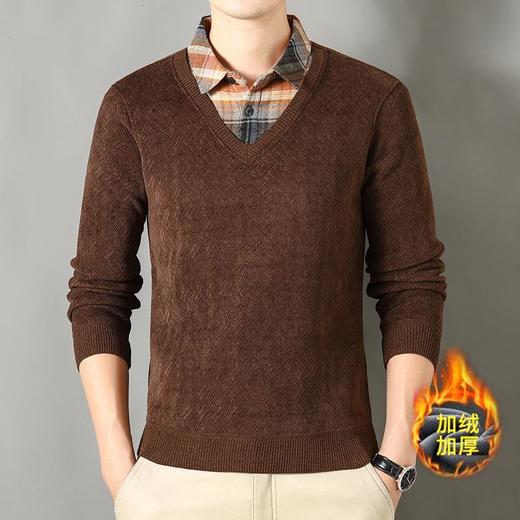 格子加绒加厚假两件长袖打底衫男士秋冬季新款毛衣男 商品图3