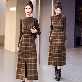 修身显瘦，气质复古格子加厚毛呢两件套连衣裙HR-LNS9662-1