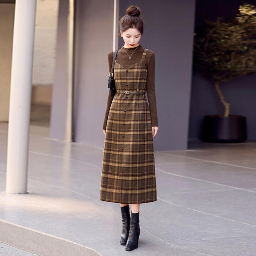 修身显瘦，气质复古格子加厚毛呢两件套连衣裙HR-LNS9662-1 商品图7