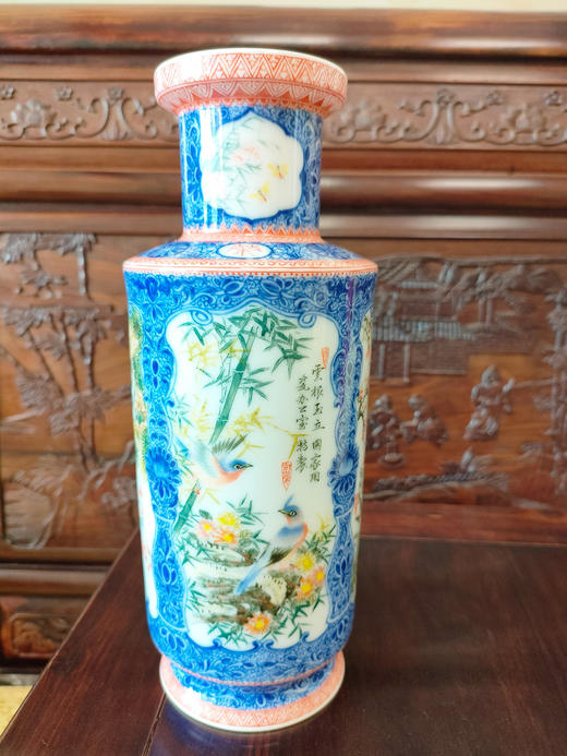 釉中彩开窗花鸟爆竹瓶 商品图0