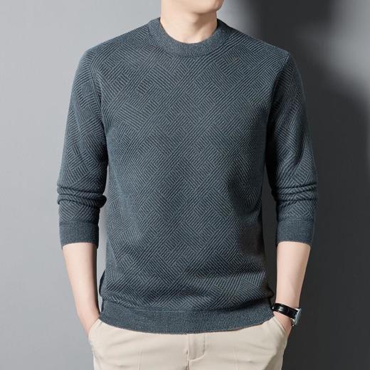 加绒加厚针织衫男式上衣冬季新款格子提花保暖打底衫毛衣 商品图1