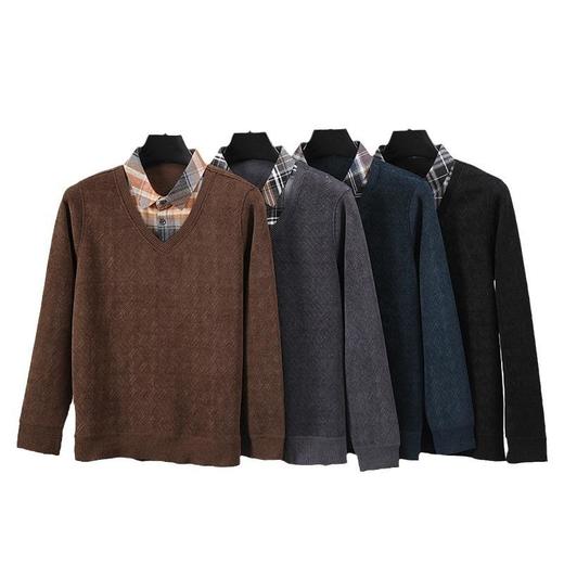 格子加绒加厚假两件长袖打底衫男士秋冬季新款毛衣男 商品图4