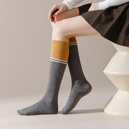 【羊毛混纺中筒袜】潮流拼色羊毛袜加厚秋冬款 显瘦双色杠条袜美拉德中筒袜小腿袜 商品图1