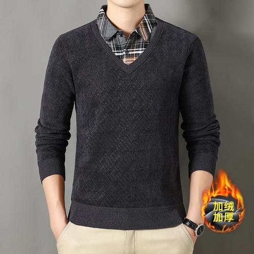 格子加绒加厚假两件长袖打底衫男士秋冬季新款毛衣男 商品图1