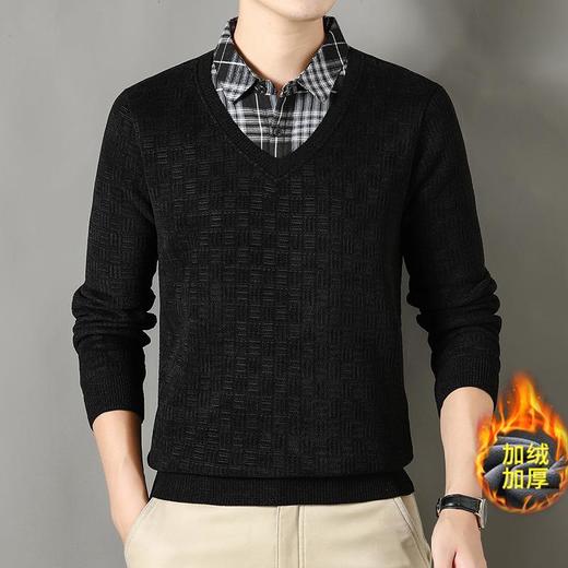 麻将格加绒加厚假两件长袖打底衫男士秋冬季新款毛衣 商品图1