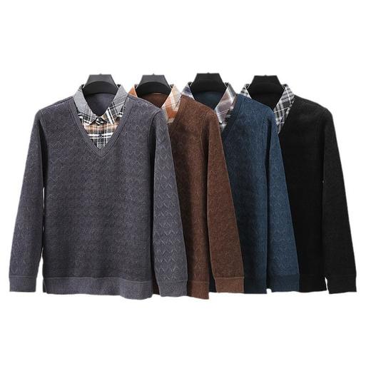 提花加绒加厚假两件长袖打底衫男士秋冬季新款毛衣男 商品图4