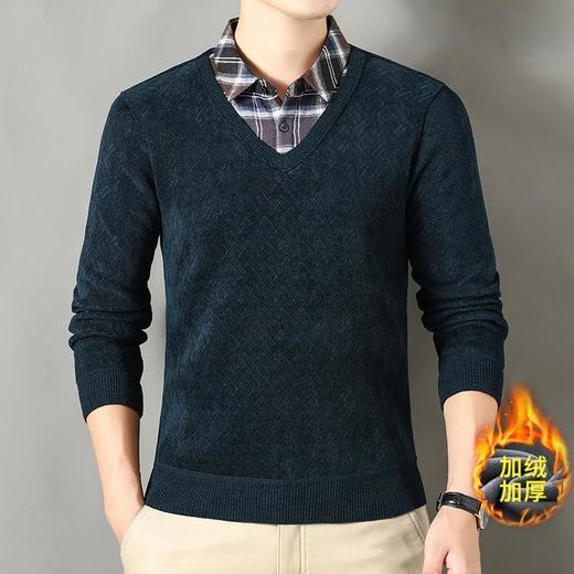 格子加绒加厚假两件长袖打底衫男士秋冬季新款毛衣男 商品图2