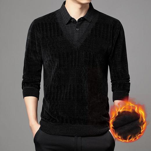 加绒加厚长袖假两件T恤衫男士秋冬季新款宽松保暖打底衫毛衣 商品图2