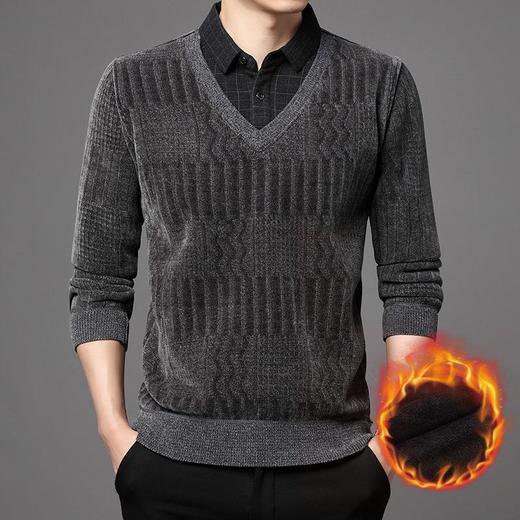加绒加厚长袖假两件T恤衫男士秋冬季新款宽松保暖打底衫毛衣 商品图0