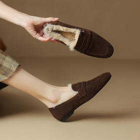 一脚蹬保暖加绒单鞋，磨砂休闲平底小皮鞋复古通勤风软牛皮乐福鞋NJMK-K787