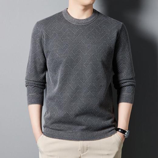 加绒加厚针织衫男式上衣冬季新款格子提花保暖打底衫毛衣 商品图0