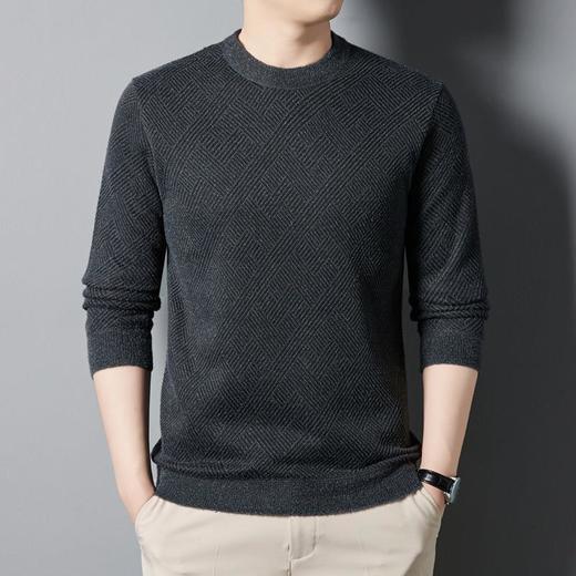 加绒加厚针织衫男式上衣冬季新款格子提花保暖打底衫毛衣 商品图2