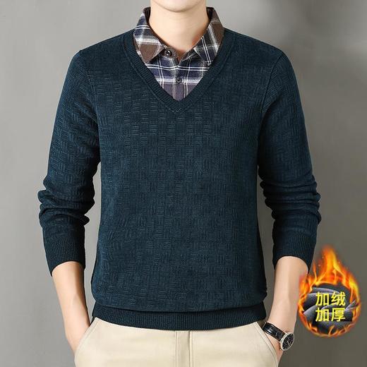 麻将格加绒加厚假两件长袖打底衫男士秋冬季新款毛衣 商品图3